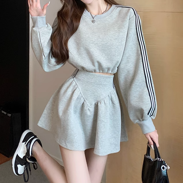 Striped Sweatshirt & High Waist A-Line Skirt Set | Gen Z Fashion