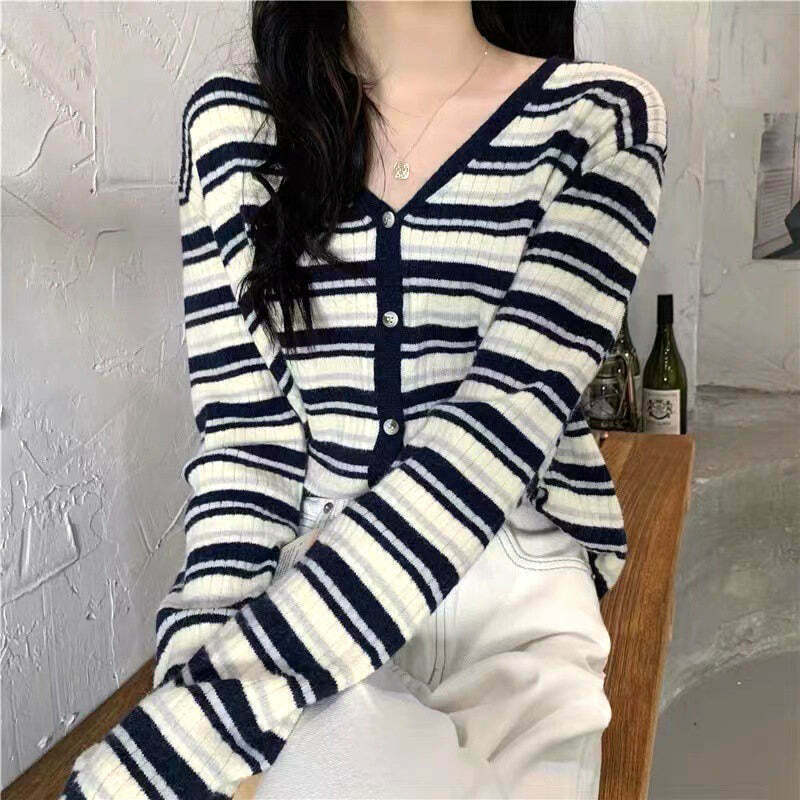 Striped V-Neck Button Long-Sleeve Knit Cardigan for Gen Z Fashionistas