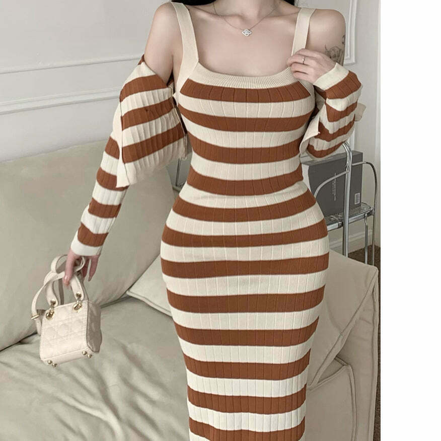 Striped Waist Cami Dress with Knitted Cardigan - Gen Z Fashion