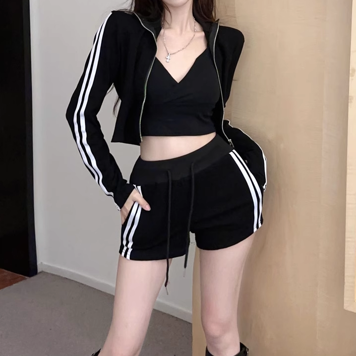 Striped Zip Top & Stretch Shorts Set | Gen Z Fashion, K-POP, Streetwear