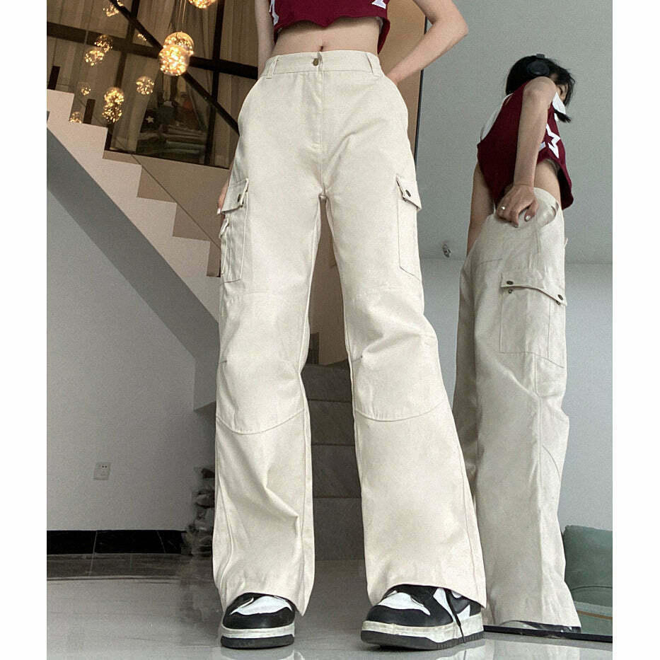 Studded Cargo Straight Leg High Rise Pants for Gen Z Streetwear