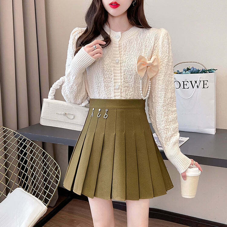 Sweet Bow Knit Cardigan with Thick Pleated Skirt Set - Gen Z Fashion, K-POP, Streetwear, Y2K