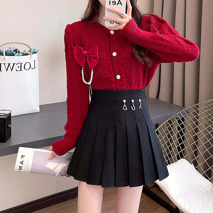 Sweet Bow Knit Cardigan with Thick Pleated Skirt Set - Gen Z Fashion, K-POP, Streetwear, Y2K