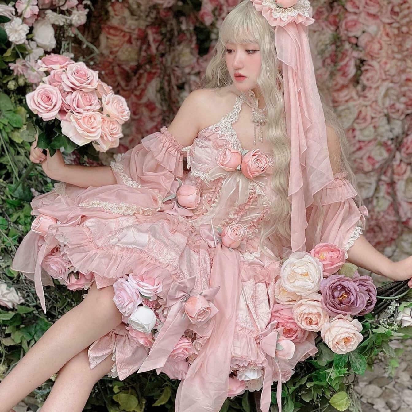 Sweet Rosy Dream Dark Fairycore Princess Dress - Gen Z K-POP Streetwear Y2K