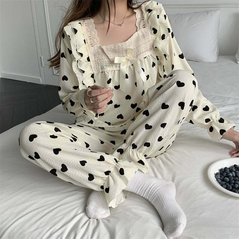 Sweet Square Neck Print Pajama Set for Casual Gen Z Fashion