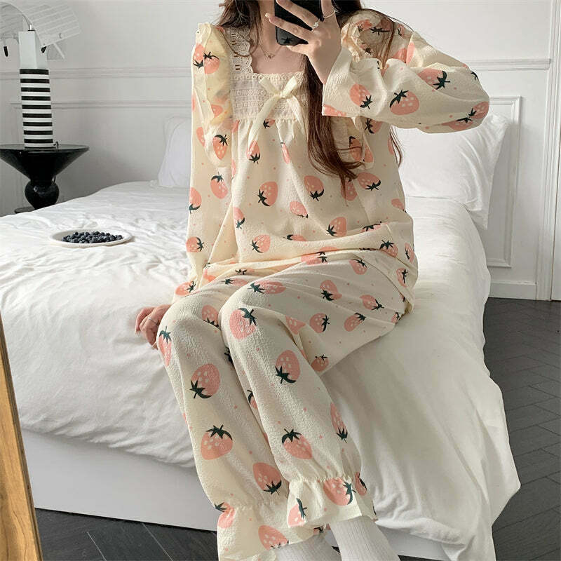 Sweet Square Neck Print Pajama Set for Casual Gen Z Fashion