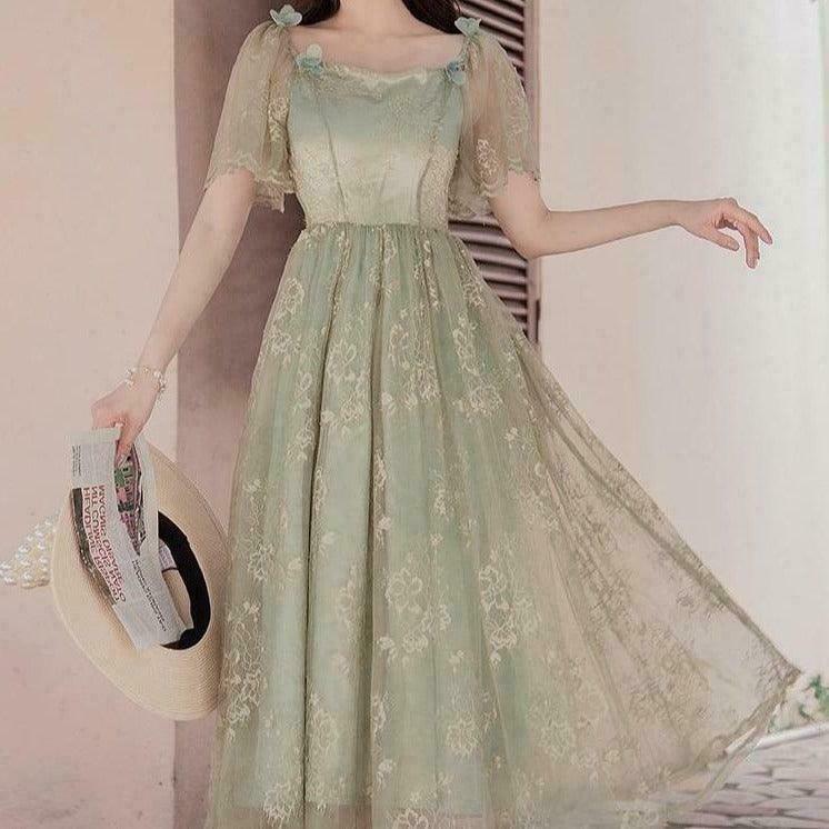 Translucent Floral Butterfly Puff Sleeve Dress - Trendy Gen Z Fashion