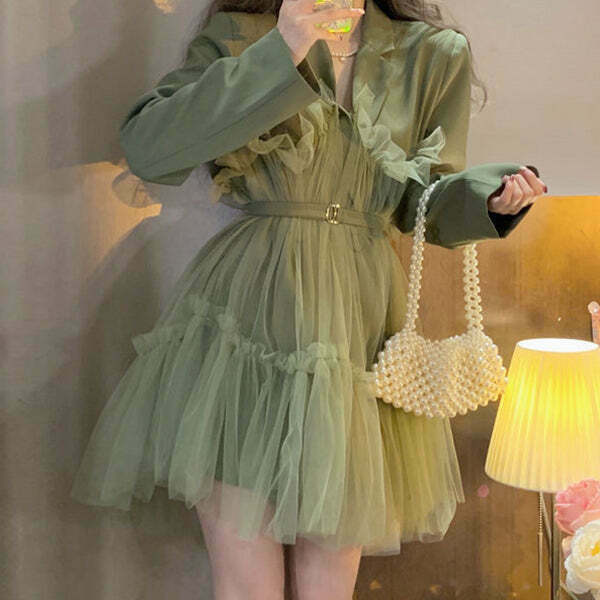 Tulle Collar Belt Long Sleeve Dress: Gen Z K-POP Streetwear Y2K Fashion