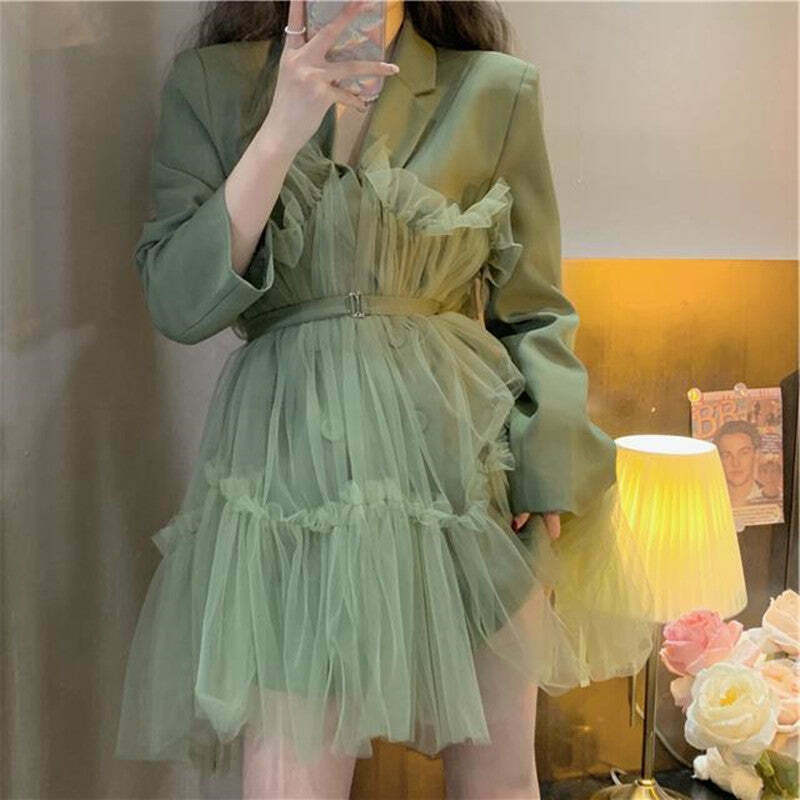 Tulle Collar Belt Long Sleeve Dress: Gen Z K-POP Streetwear Y2K Fashion