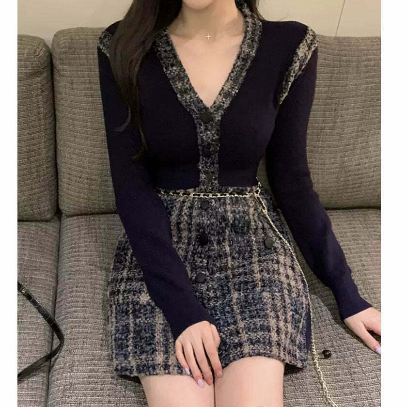 Tweed High Waist Dress with Belt - Trendy Gen Z K-POP Streetwear