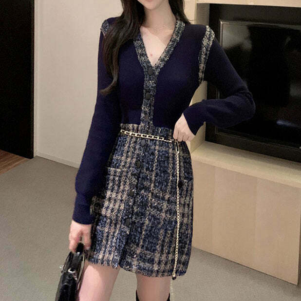 Tweed High Waist Dress with Belt - Trendy Gen Z K-POP Streetwear