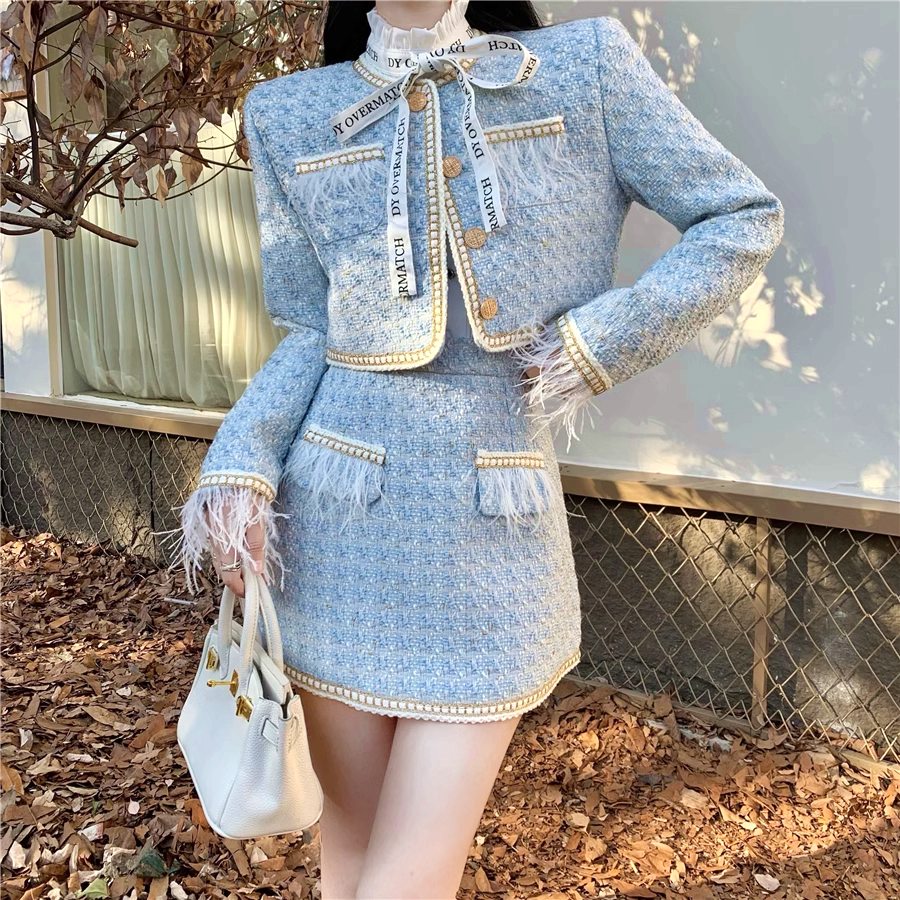 Tweed Skirt Set with Tassel Sleeves: Gen Z K-POP Streetwear