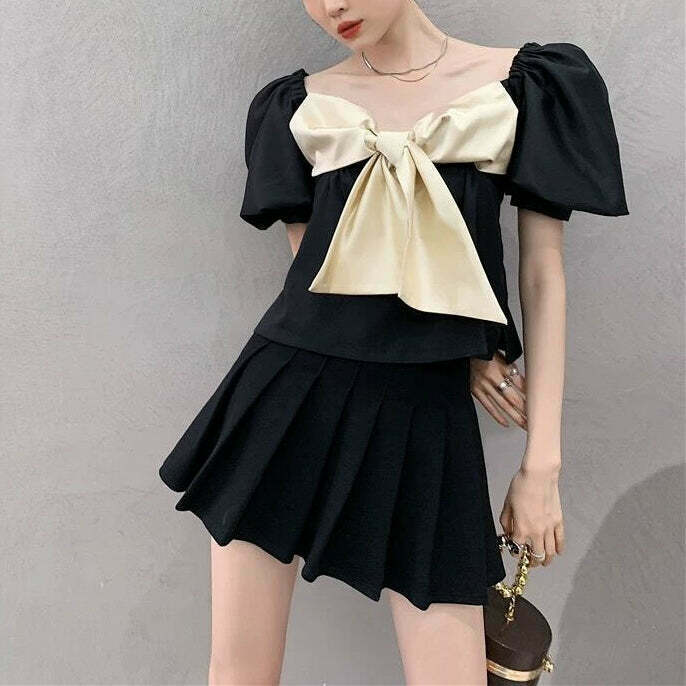 V-Neck Crop Top with Puff Sleeves and Bow Detail - Trendy Gen Z Fashion