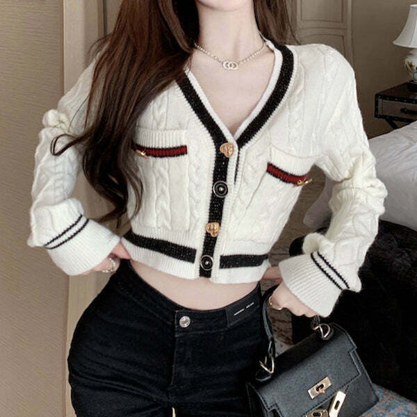 V-Neck Knit Cardigan: Trendy Contrast Sweater for Gen Z Streetwear