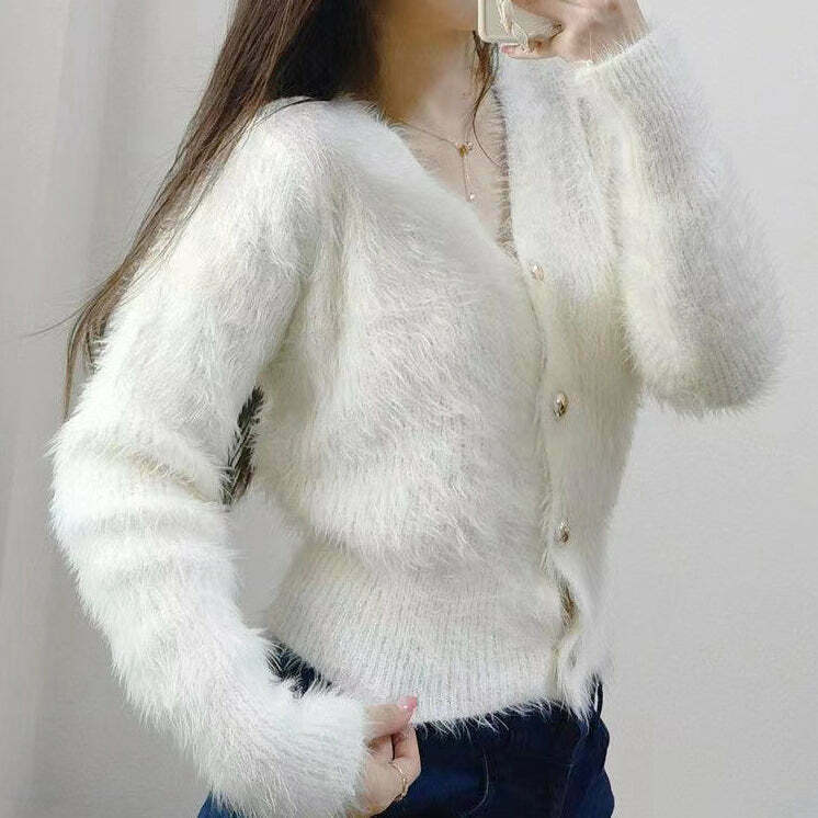 V-Neck Mink Fleece Sweater: Trendy Gen Z Streetwear for Y2K Fashion