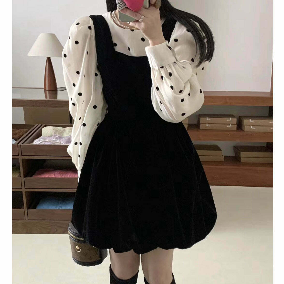 Velvet Bow-Back Dress with Polka-Dot Shirt: Gen Z K-POP Streetwear Y2K Fashion