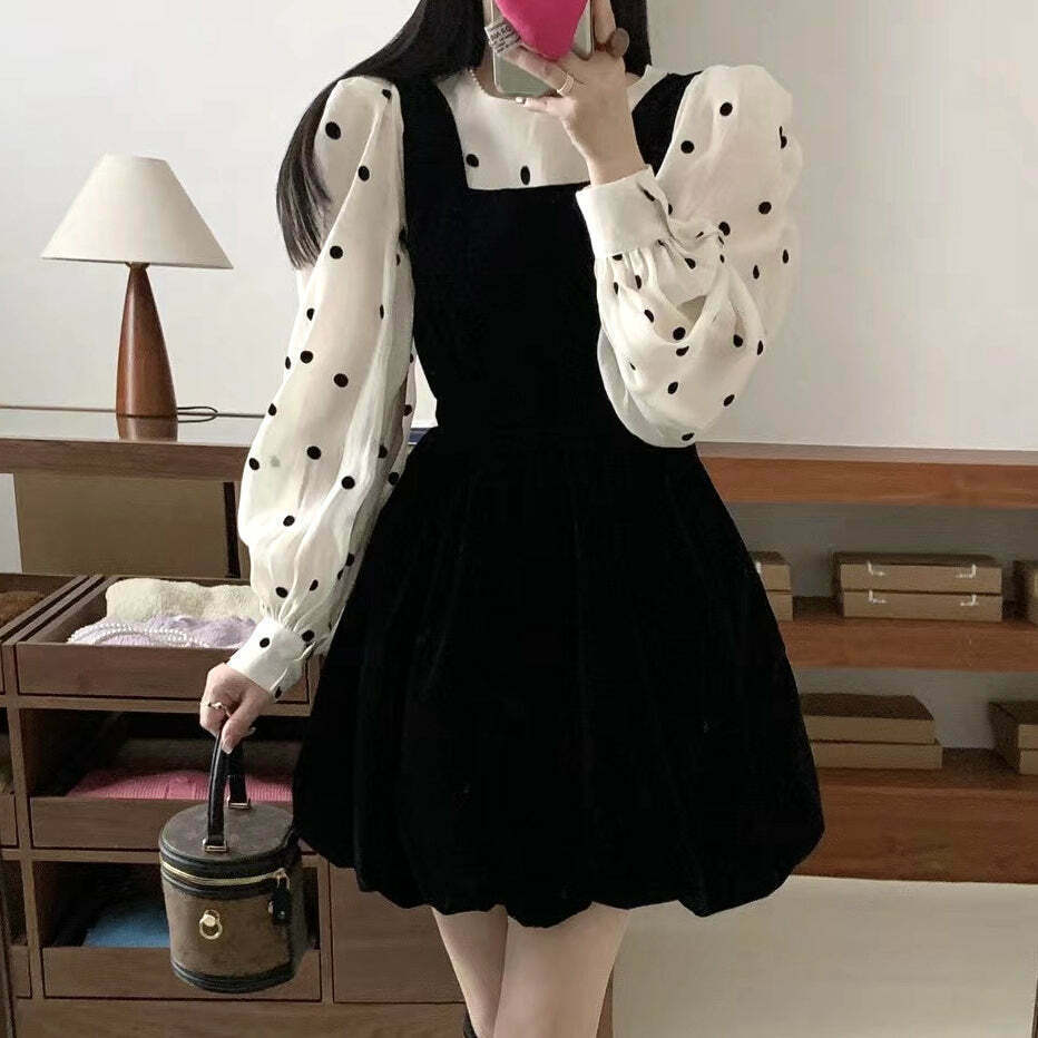 Velvet Bow-Back Dress with Polka-Dot Shirt: Gen Z K-POP Streetwear Y2K Fashion