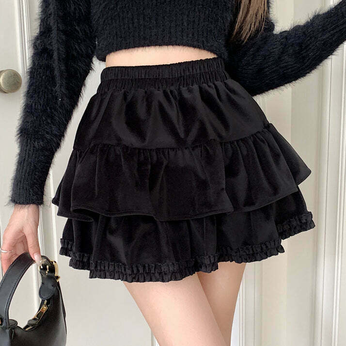 Velvet High Waist Cake Short Skirt - Gen Z K-POP Streetwear Y2K