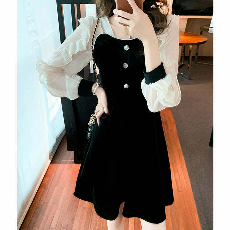 Velvet Long-Sleeve Dress with Chiffon Detail