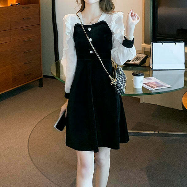 Velvet Long-Sleeve Dress with Chiffon Detail