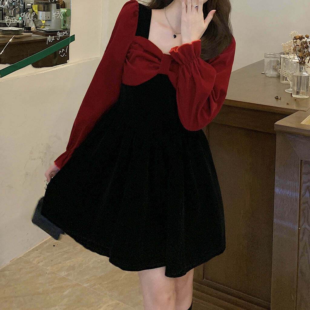 Velvet Long-Sleeve Dress with Oversized Bow Detail | Gen Z Fashion, K-POP, Streetwear, Y2K