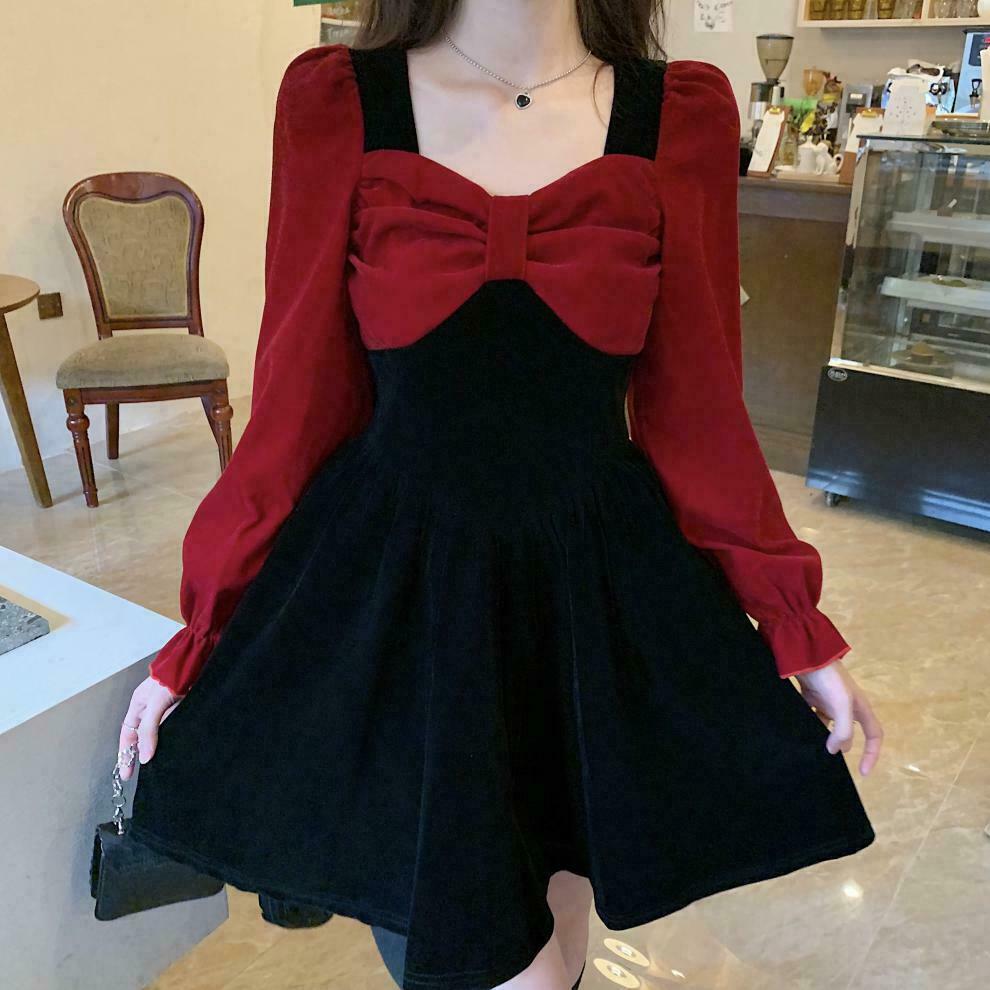 Velvet Long-Sleeve Dress with Oversized Bow Detail | Gen Z Fashion, K-POP, Streetwear, Y2K