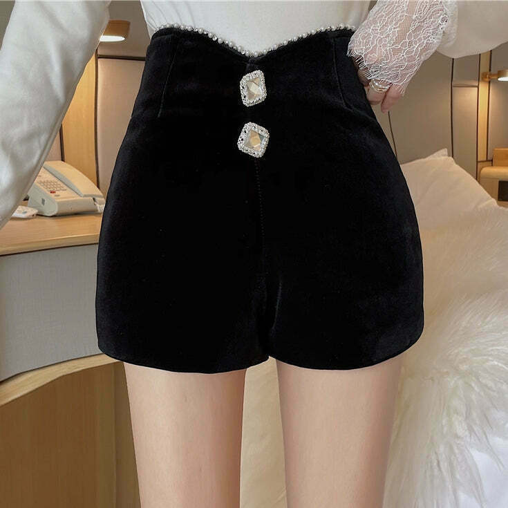 Velvet Rhinestone High Waist Streetwear Shorts for Gen Z Fashion