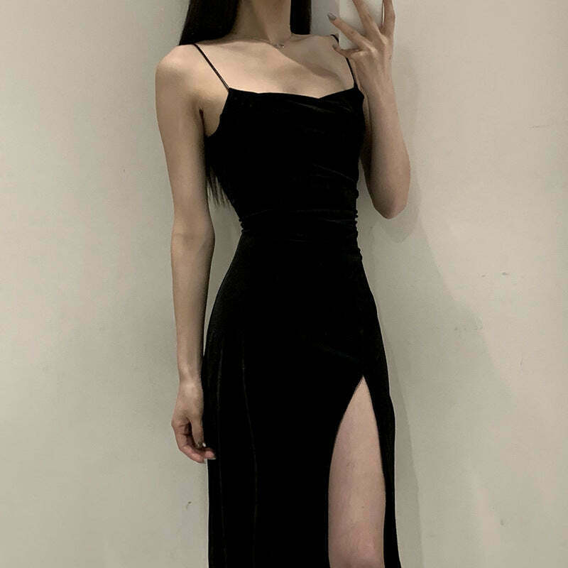 Velvet Sling Exposed Lock High Slit Formal Dress - Gen Z K-POP Streetwear Y2K