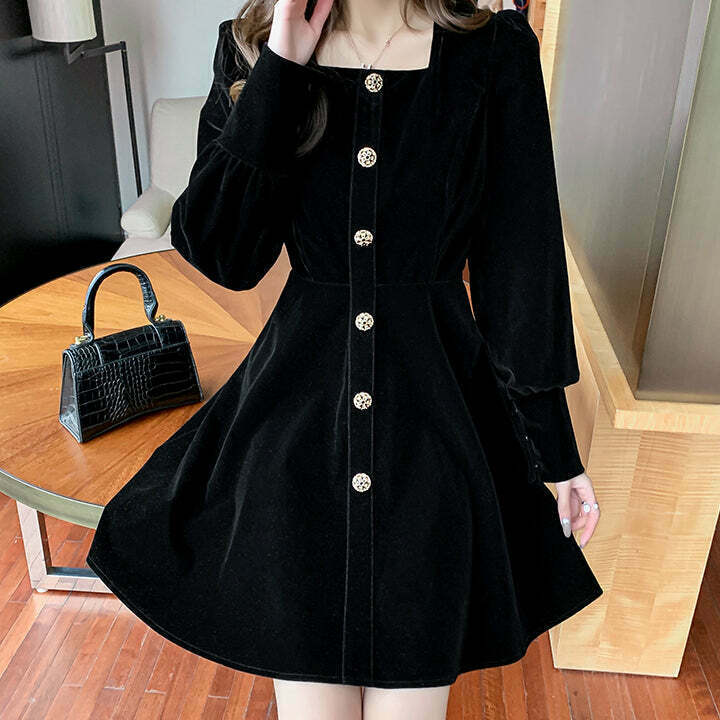 Velvet Square Neck Long Sleeve Homecoming Dress for Gen Z Streetwear Style