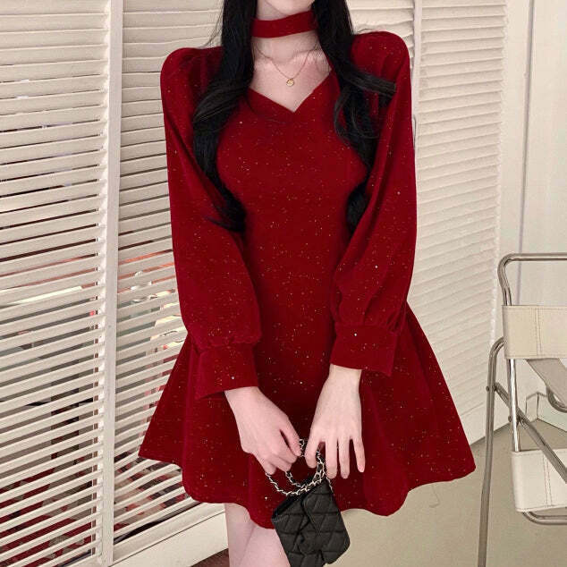 Velvet V-Neck Long-Sleeve Red Dress for Gen Z K-POP Streetwear