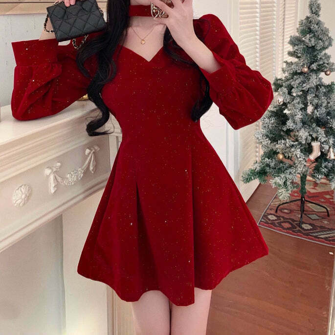 Velvet V-Neck Long-Sleeve Red Dress for Gen Z K-POP Streetwear