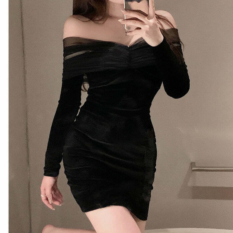 Velvet V-Neck Off-Shoulder Dress: Gen Z K-POP Streetwear Y2K