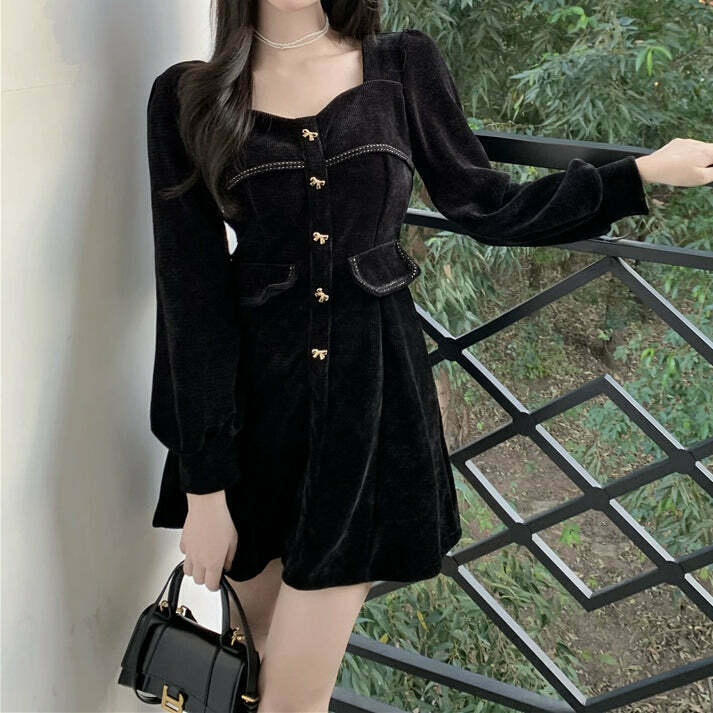 Vintage Black Bodycon Dress: Retro Long Sleeve Style for Gen Z Fashion, K-POP, Streetwear & Y2K