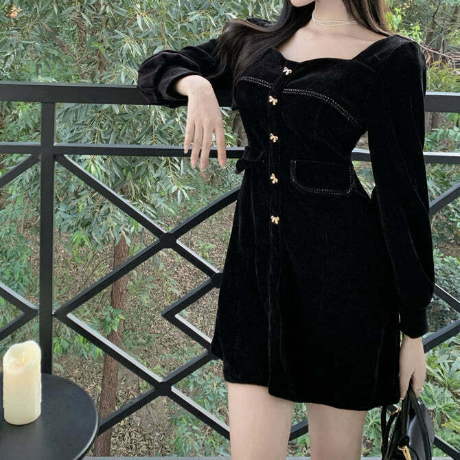 Vintage Black Bodycon Dress: Retro Long Sleeve Style for Gen Z Fashion, K-POP, Streetwear & Y2K