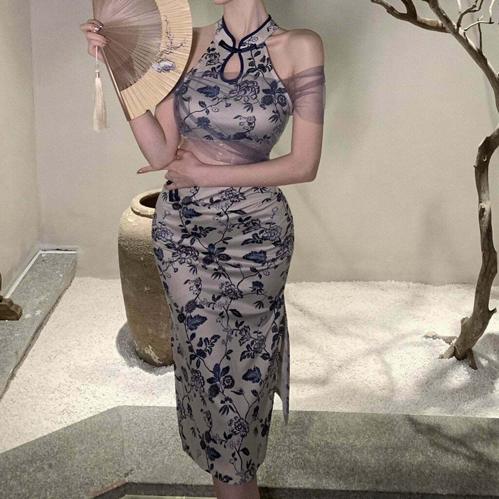 Vintage Cheongsam Dress with Mesh Lace Detailing for Gen Z Fashion Enthusiasts