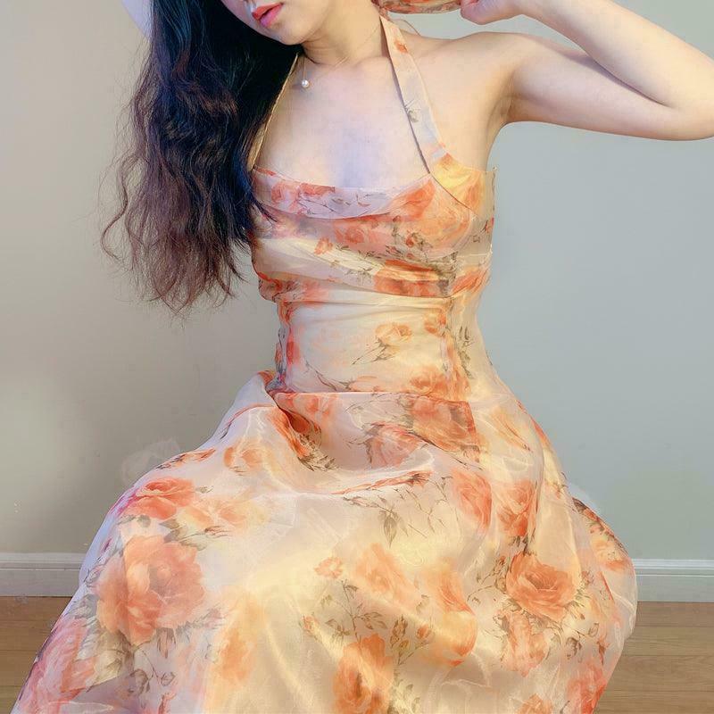 Vintage Citrus Rose Tea Dress | Gen Z K-POP Streetwear Y2K Fashion