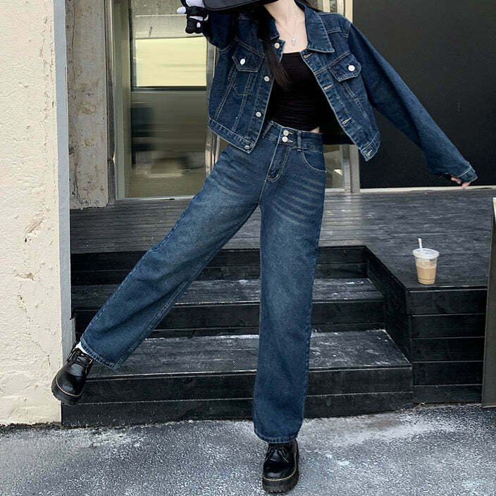 Vintage Denim Coat with Wide Leg Trousers Set - Gen Z Fashion, K-POP & Y2K Style