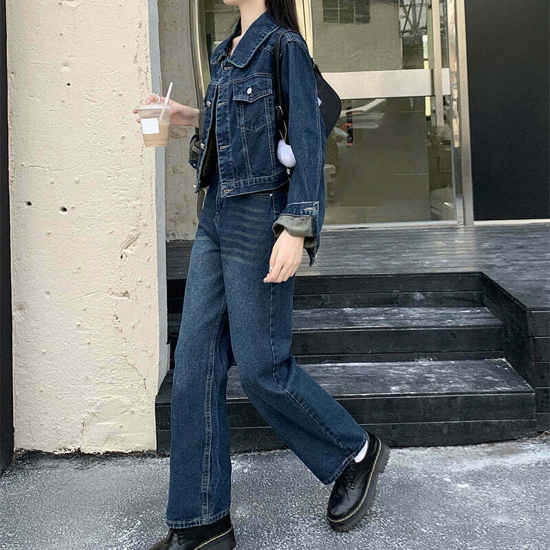 Vintage Denim Coat with Wide Leg Trousers Set - Gen Z Fashion, K-POP & Y2K Style