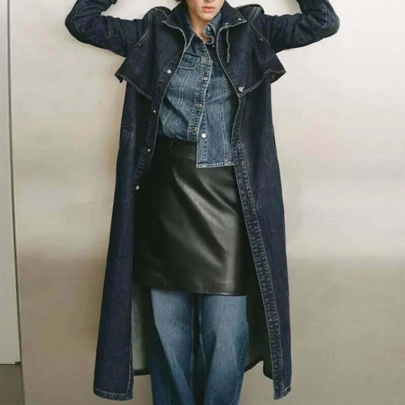 Vintage Denim Trench Coat: Gen Z K-POP Streetwear Fashion