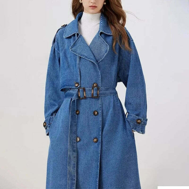 Vintage Denim Trench Coat: Gen Z K-POP Streetwear for Y2K Style