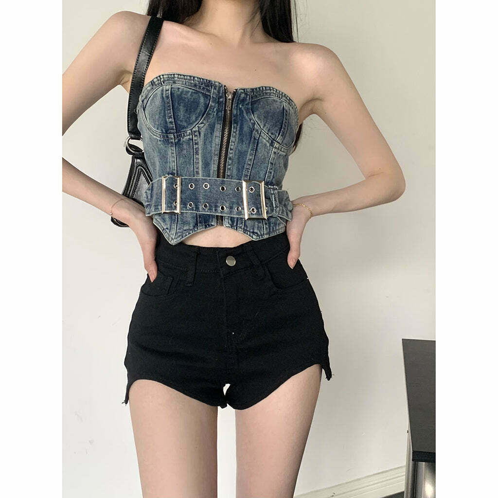 Vintage Denim Tube Top with High-Waist Irregular Shorts for Gen Z Fashionistas