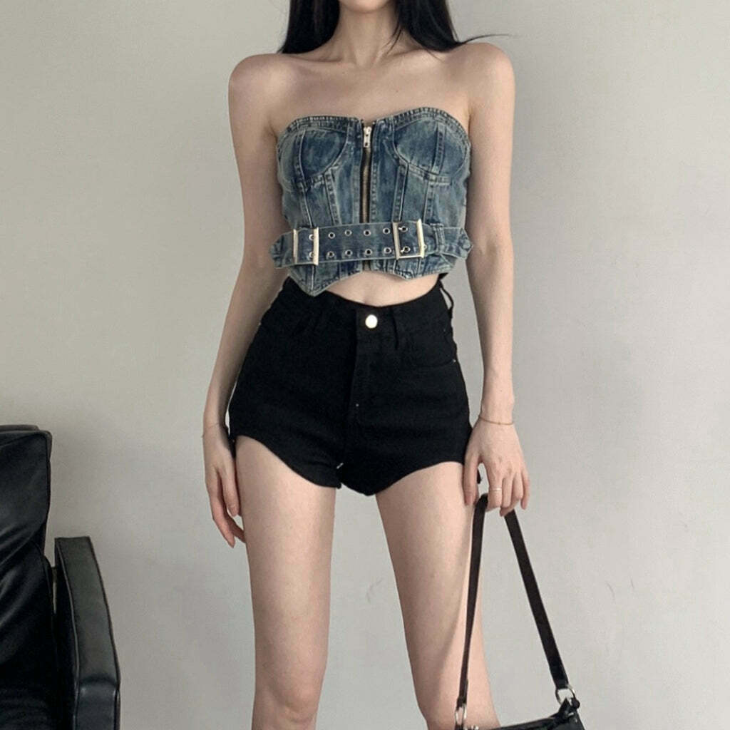 Vintage Denim Tube Top with High-Waist Irregular Shorts for Gen Z Fashionistas