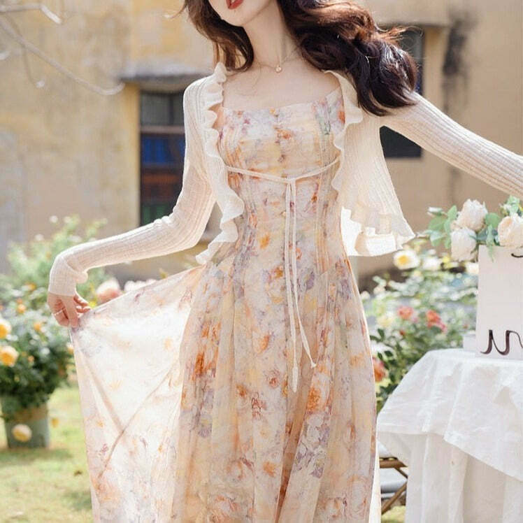 Vintage Floral Party Dress Set with Optional Cardigan - Gen Z K-POP Streetwear Y2K Fashion