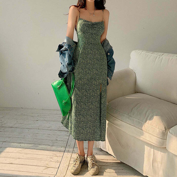 Vintage Green Floral Cami Dress - Retro Y2K Streetwear for Gen Z Fashion