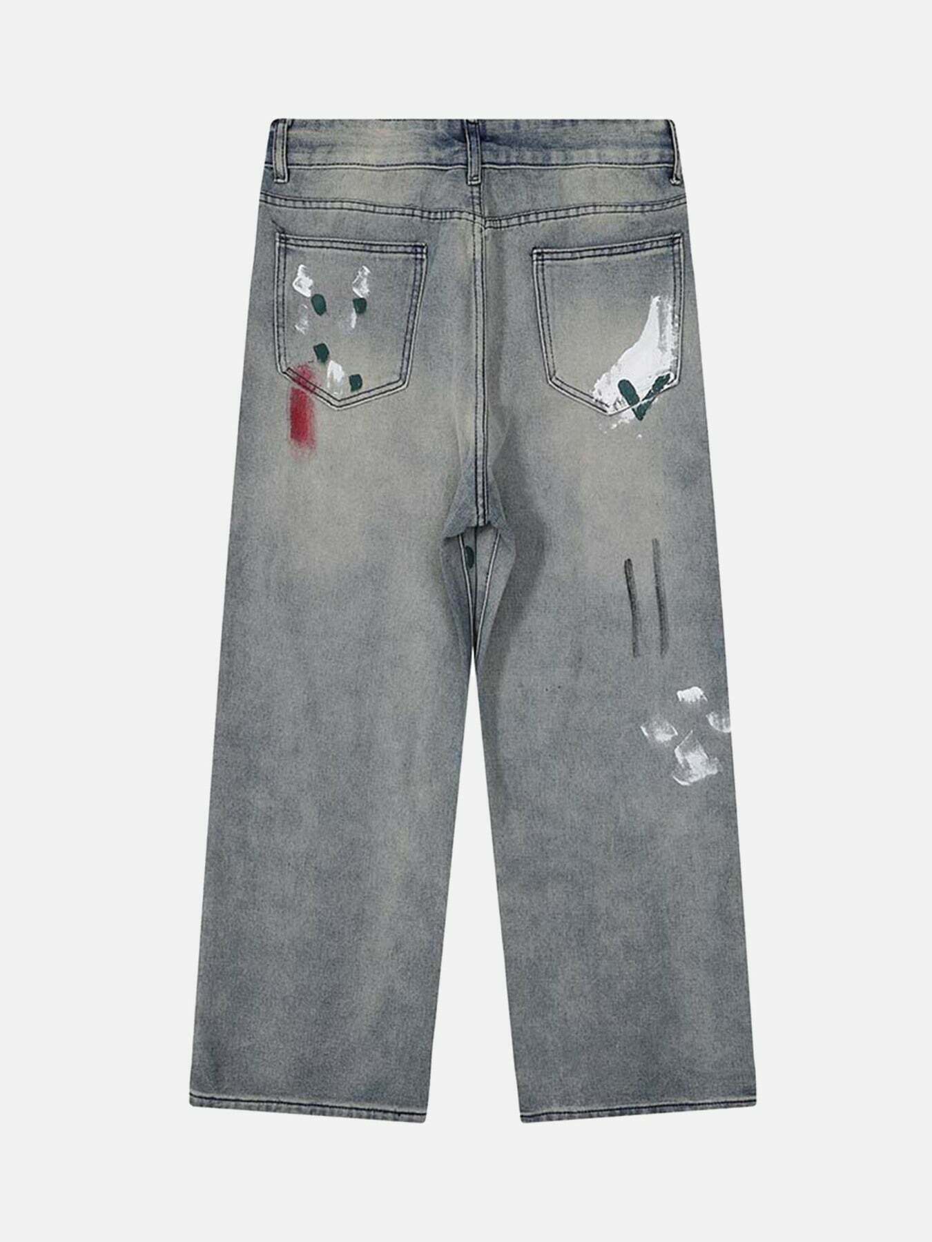 Vintage Ink Splash Distressed Jeans for Gen Z Streetwear Fashion