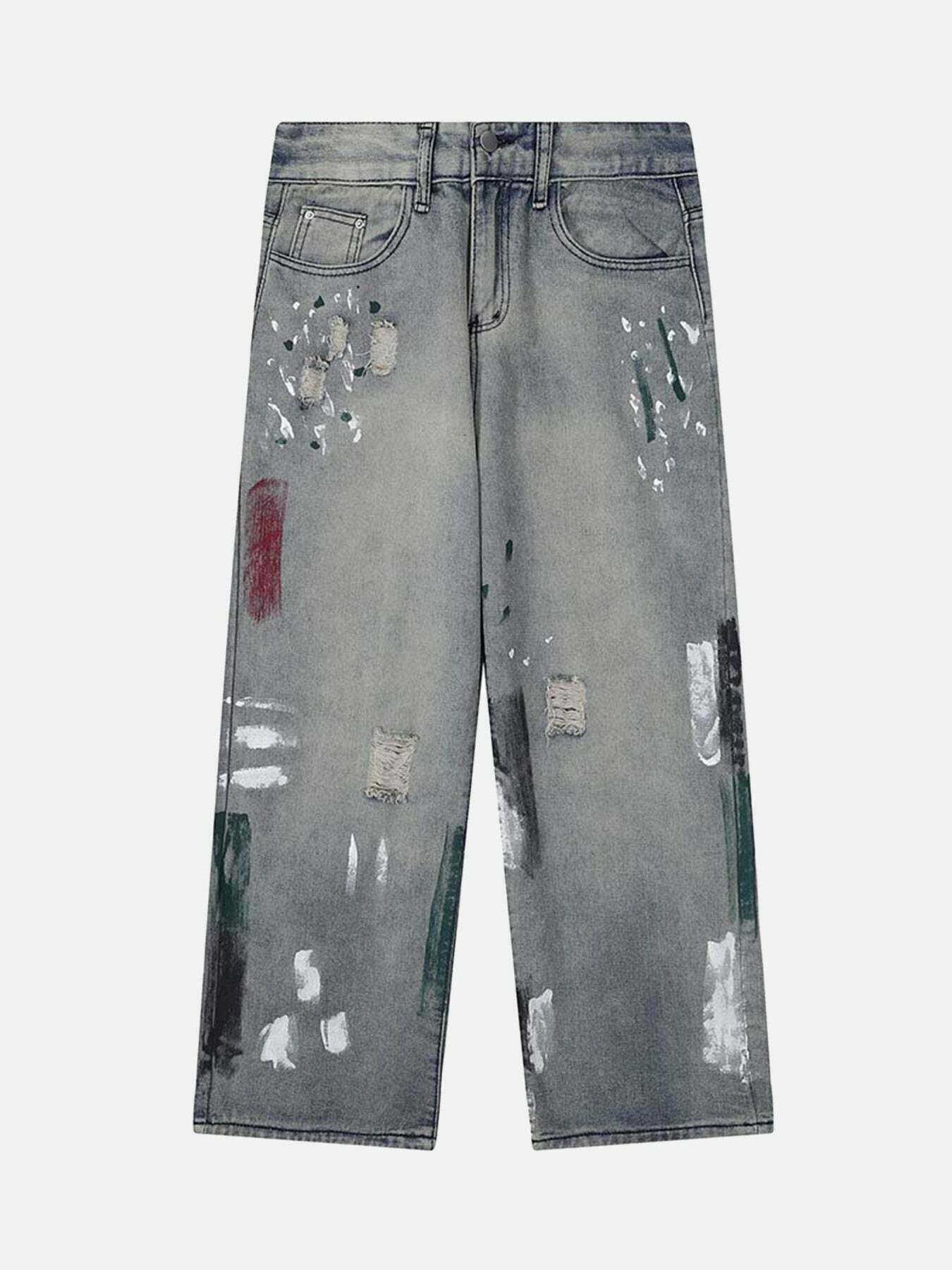 Vintage Ink Splash Distressed Jeans for Gen Z Streetwear Fashion