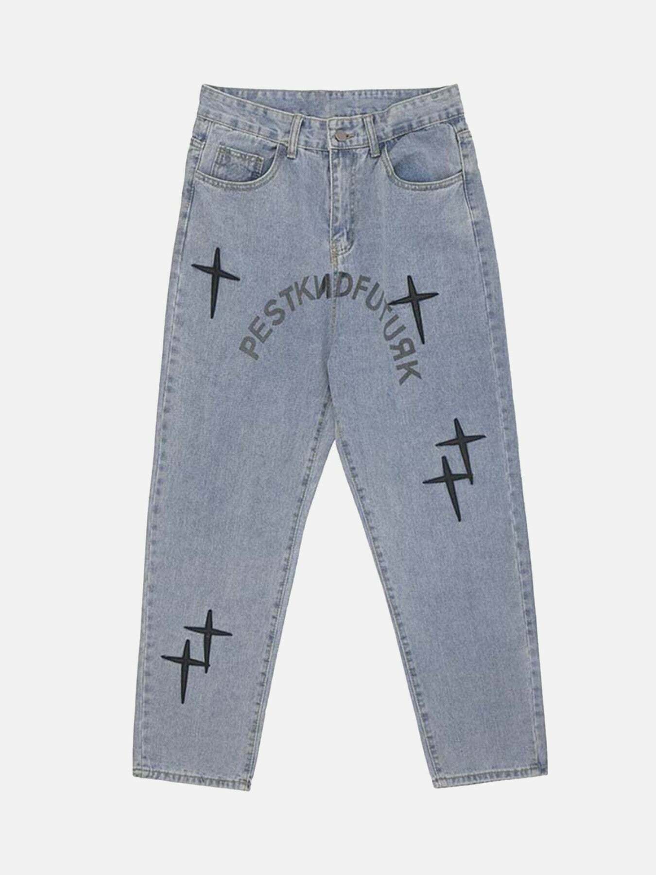 Vintage Letter Print Distressed Denim Jeans for Gen Z Streetwear Fashion