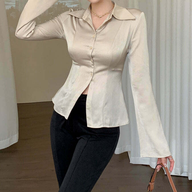 Vintage Long Sleeve Apricot Shirt for Gen Z Fashion: K-POP, Streetwear, Y2K