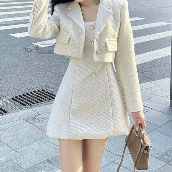 Vintage Long Sleeve Blazer Suit for Gen Z Fashion: K-POP Streetwear & Y2K Style