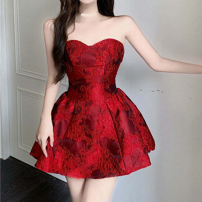 Vintage Rose Tube Top Puff Cocktail Dress - Gen Z K-POP Streetwear Y2K